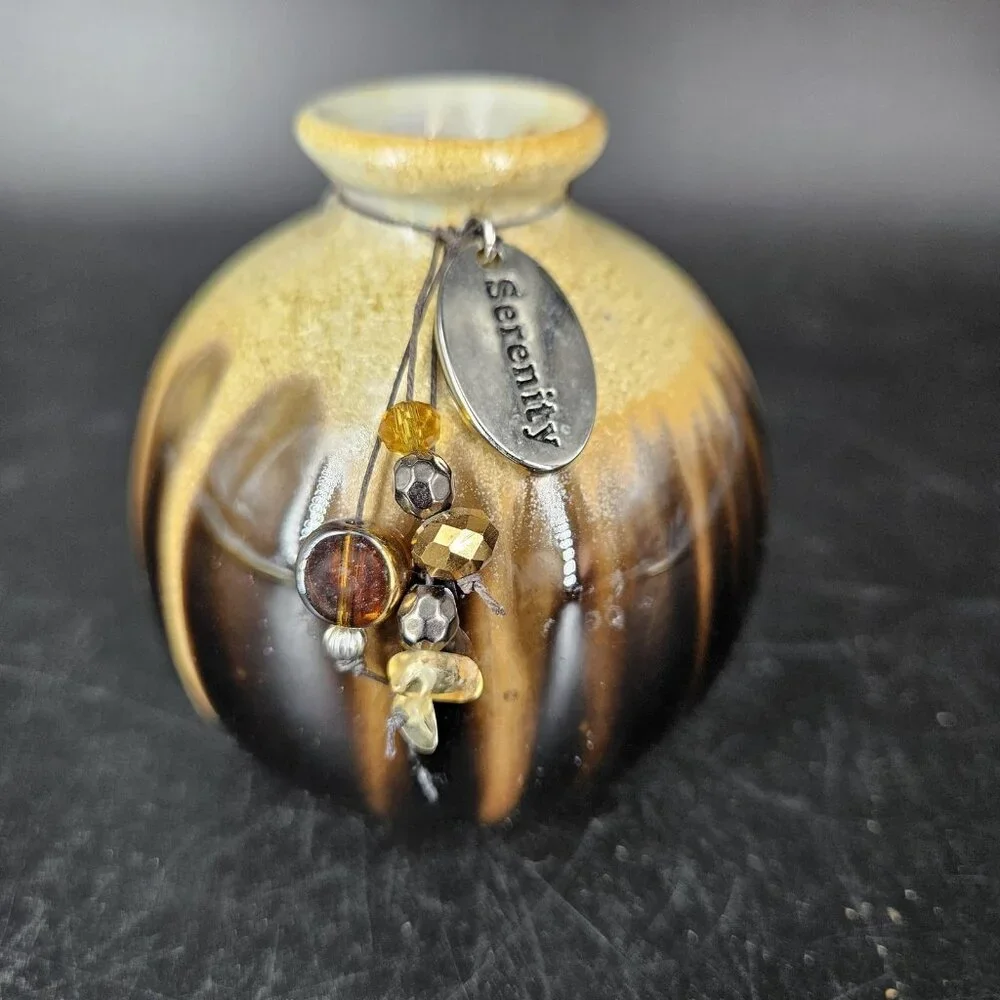 Ceramic Bud Vase Drip Glaze Brown Black Tan Mini Round Serenity Charm Incense 3